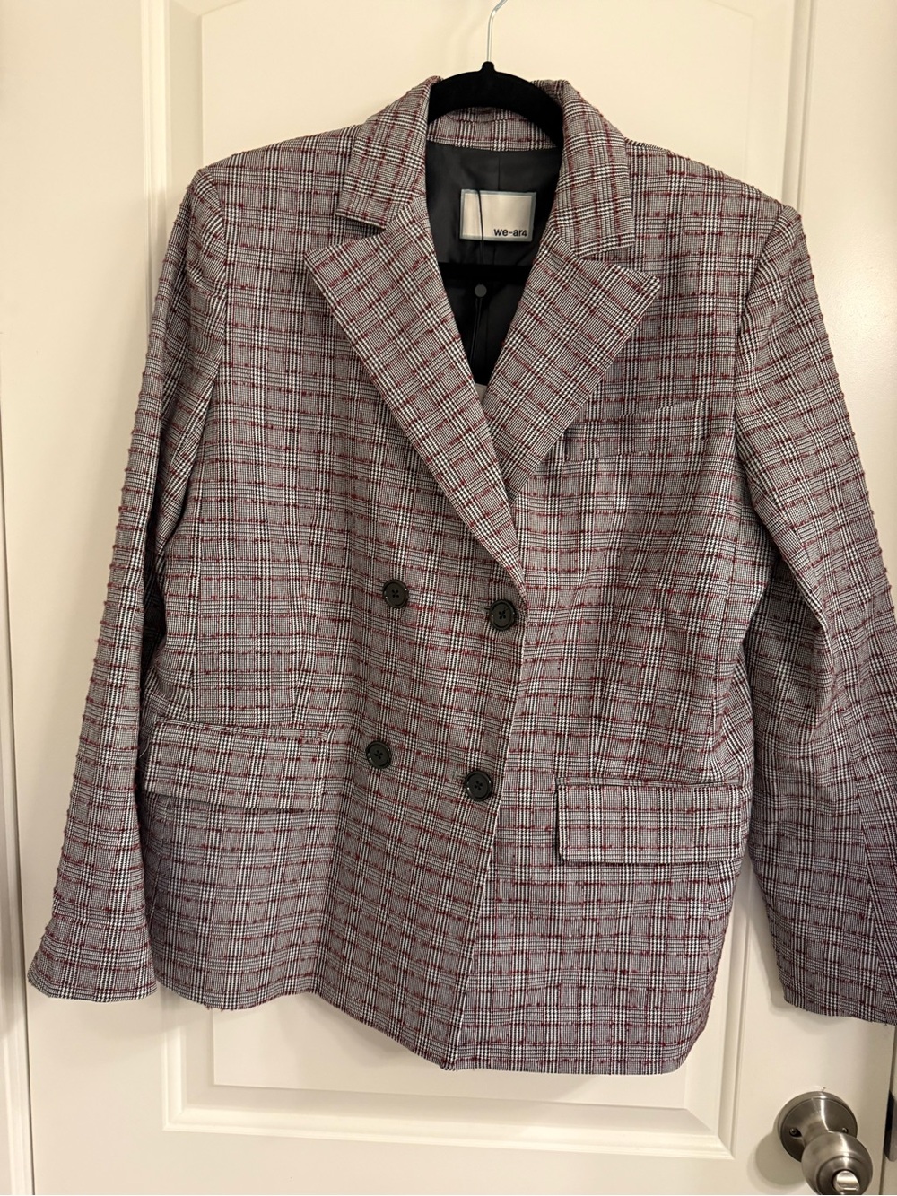 We R 4 Double-Breasted Plaid Blazer in Grey and Red